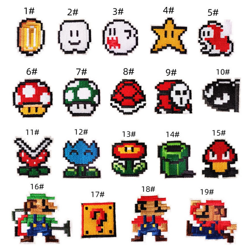 19 Pixel Games Cartoon Super Mario Embroidered Cloth Stickers Hole ...