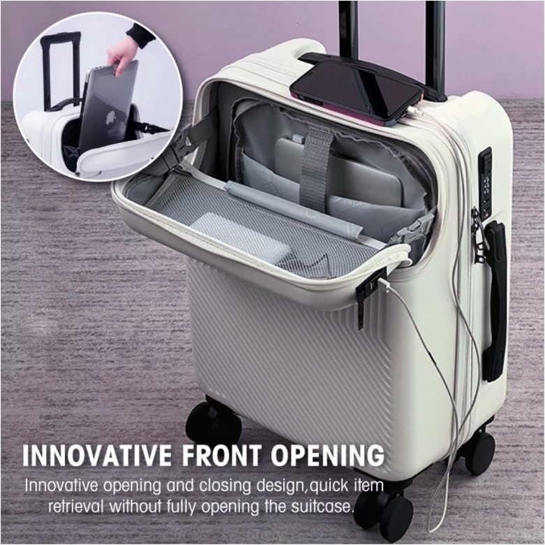 Suitcase 20 Inches TSA Lock Luggage Trolley Travel Bag  With Cup Holder Front Open Design Travelling Bag Women Luggage