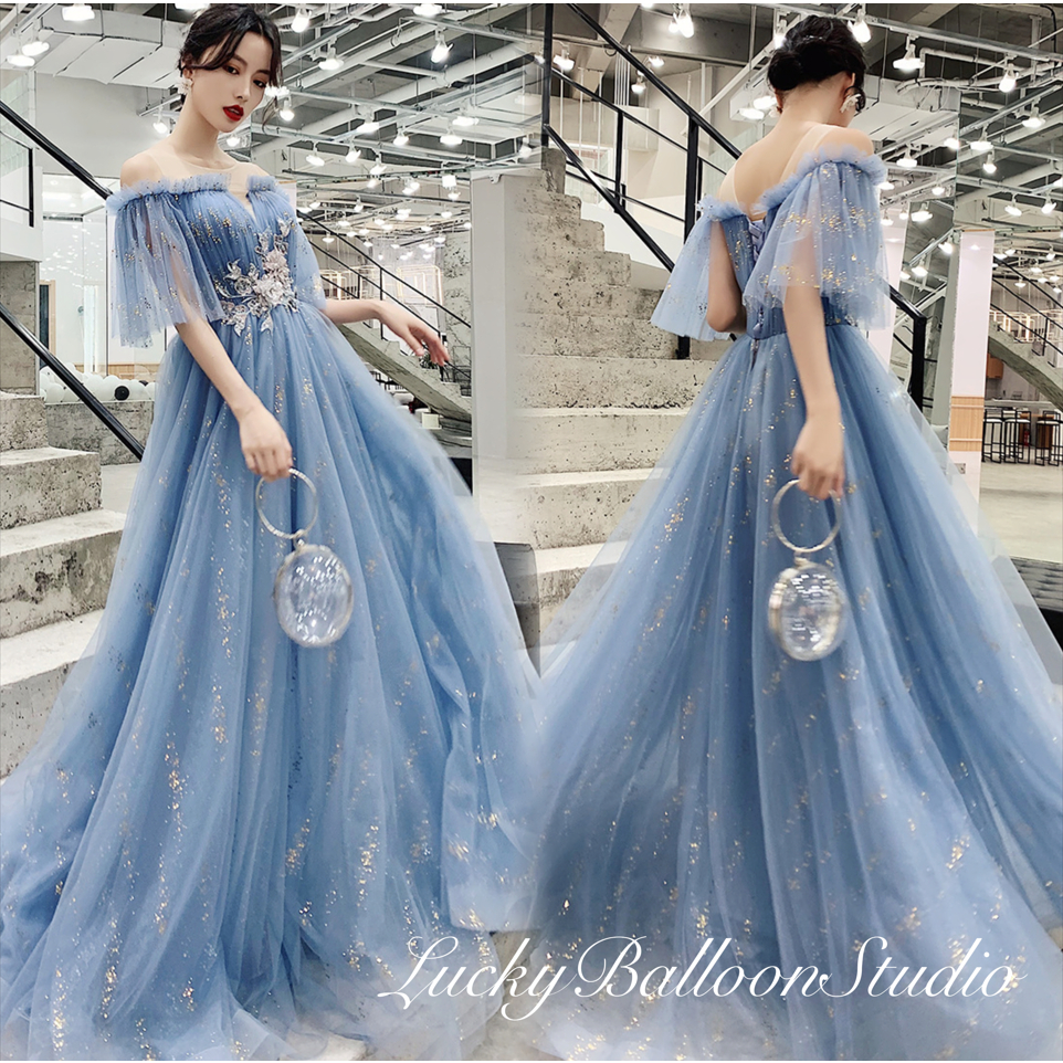 Sweet Blue Tulle Sequins Evening Dress Fairy Ball Gown Y7679