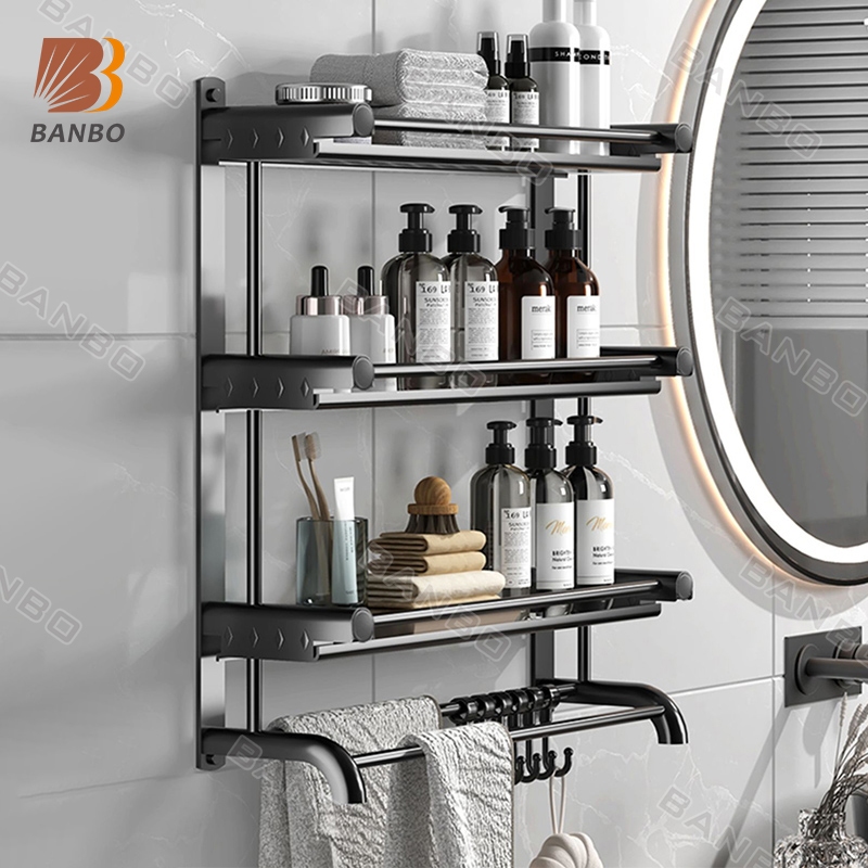 Bathroom storage rack organizer towel rack wall mounted non perforated ...