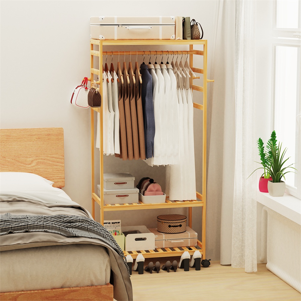 Heavy Duty Wooden Clothes Rail Rack Garment Stand Corner Open Wardrobe ...