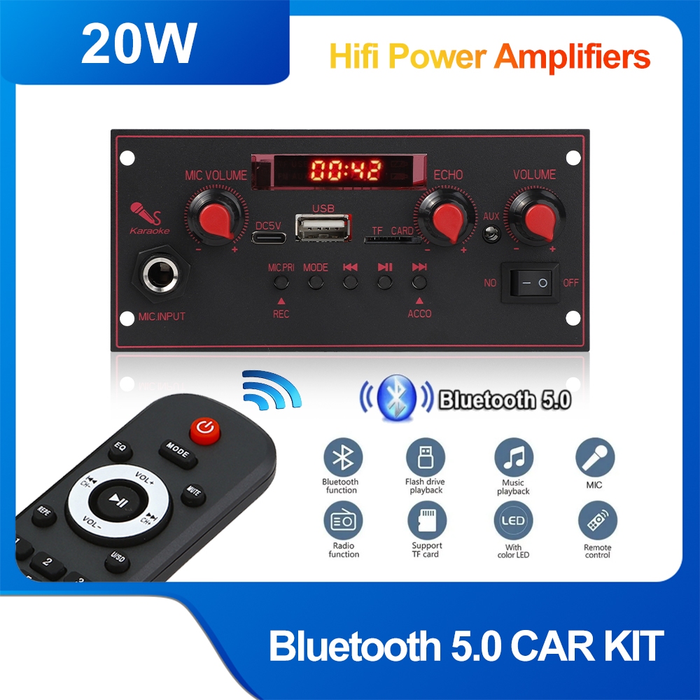 20W Amplifier DC 5V Bluetooth Decoder Board 6.5mm Microphone FM Radio