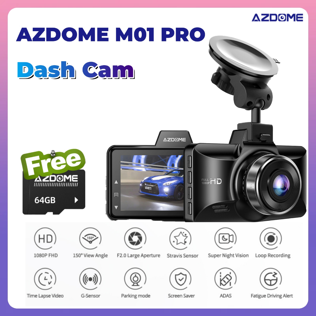 AZDOME M01 PRO Dashcam 1080P Front and Rear Dash Cam Night Vision Wide  Angle Cycle Recorder G-Sensor Car Camera Driving Recorder