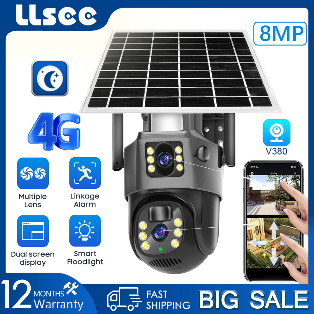 LLSEE V380 Pro Dual Lens 4g SIM Card CCTV Solar Cell Camera 4K 8MP Solar CCTV Outdoor Waterproof