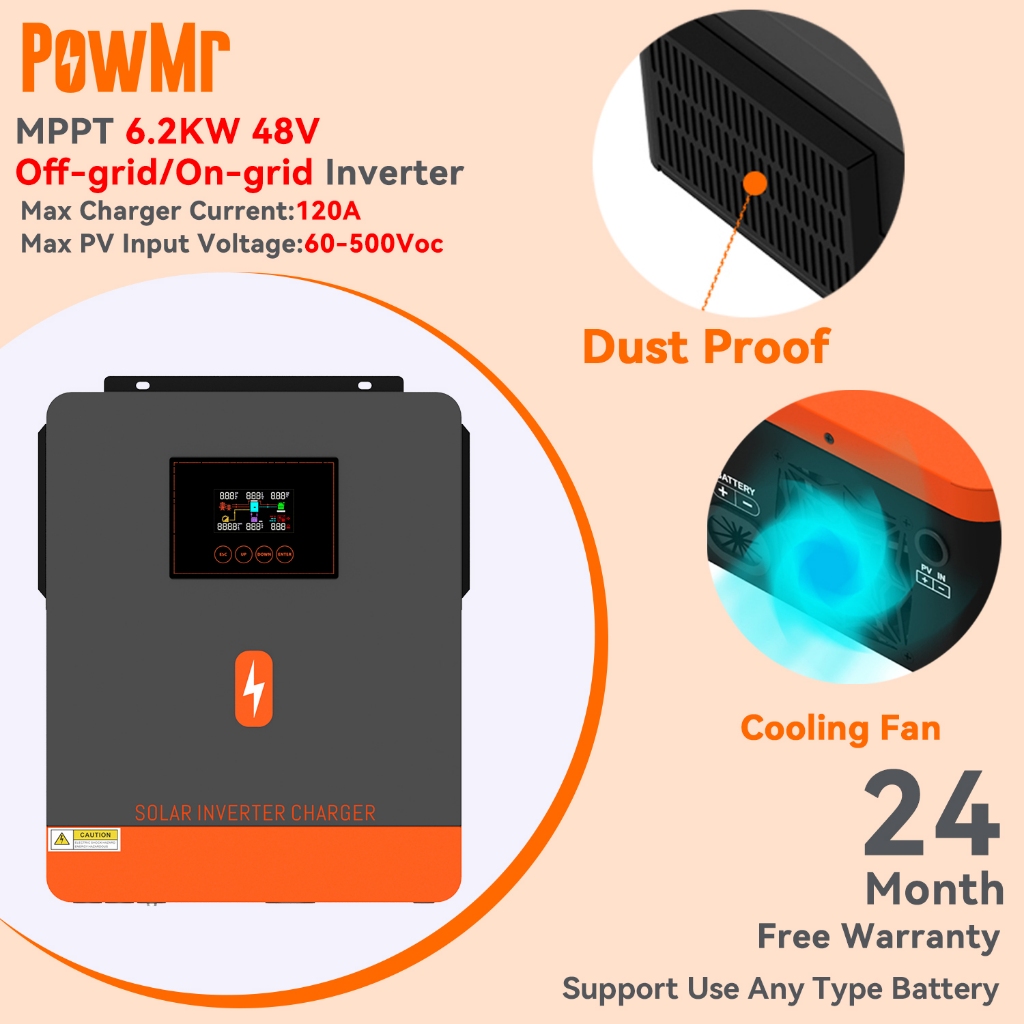 【Low Start Voltage】PowMr MPPT 6.2KW Pure Sine Wave Solar Hybrid ...