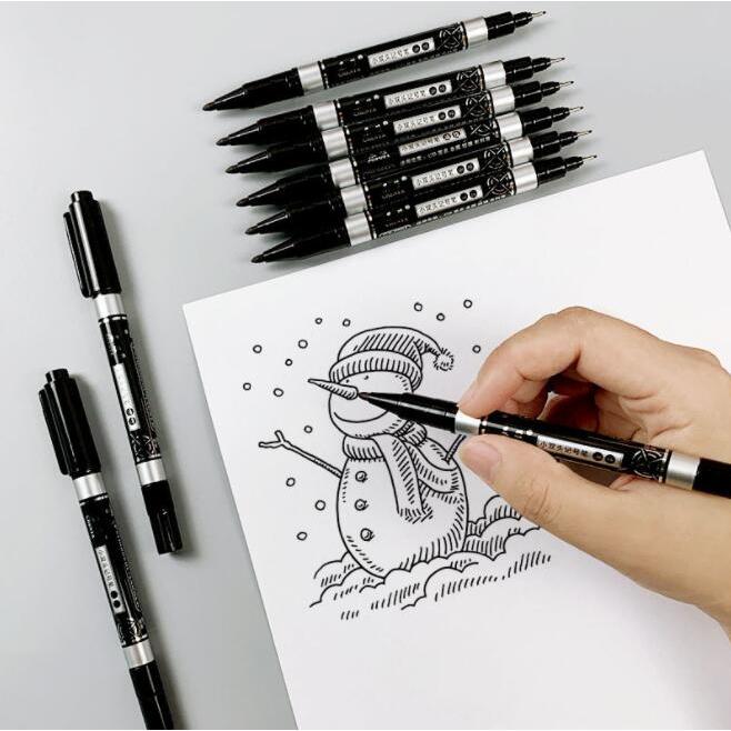 Double Headed Drawing Pens, 12 Pack Dual Brush Pens Black Markers - Main Image