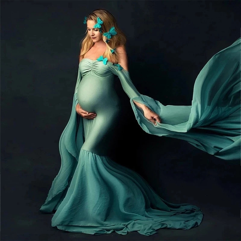 Elegant Shoulderless Maternity Photography Props Long Dress For Pregnant Women Fancy Pregnancy 7372