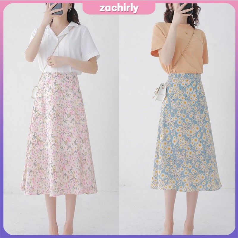 Women Midi Length Skirt Korean Style Elastic Waist Daisy Floral Print Skirts Shopee Philippines 6323