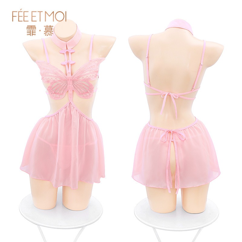 Antique Sexy Lingerie Sexy Cheongsam Pink Suspender Skirt Butterfly