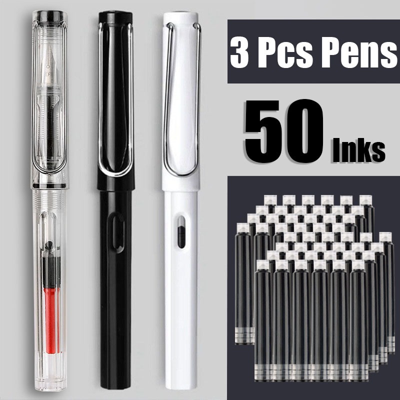 53 Pcs Kawaii Fountain Pen Replaceable Ink Set Black/Blue/Red ink EF 0