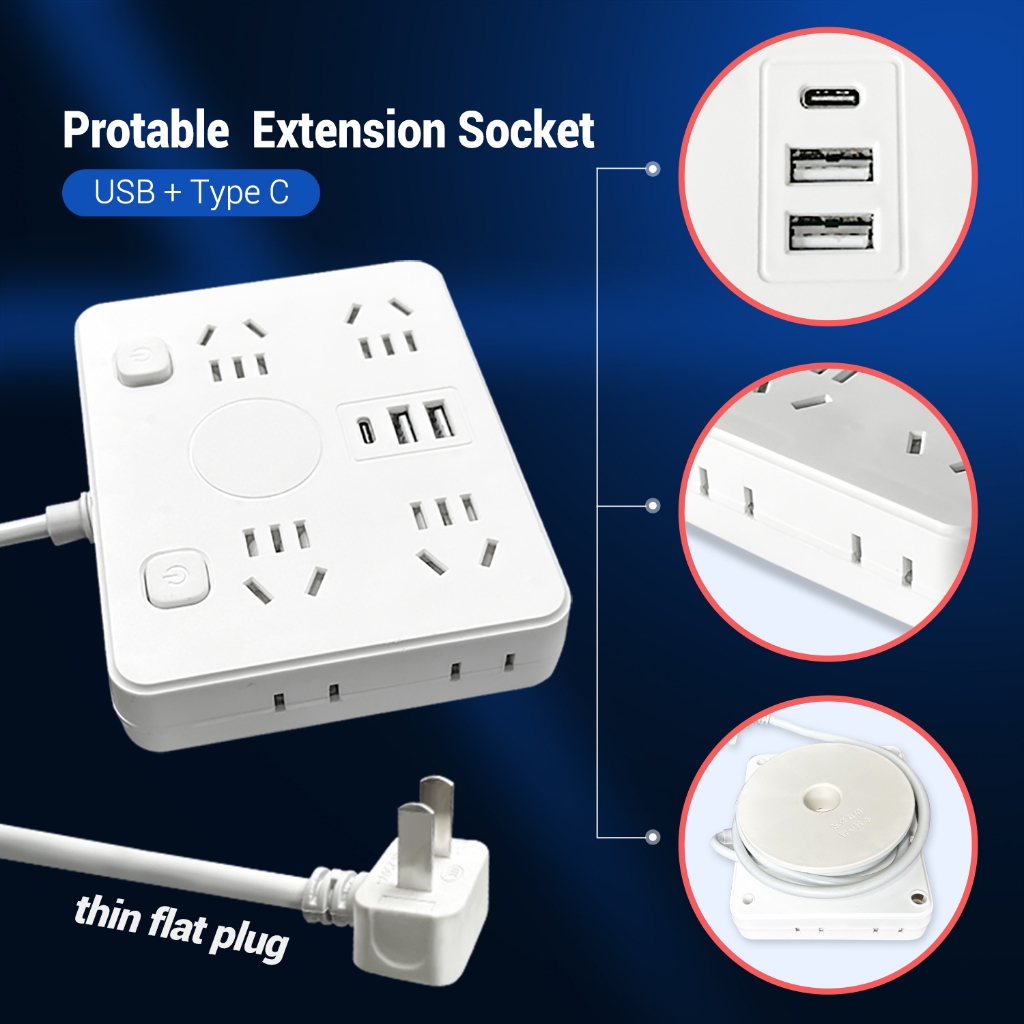 Extension Cord Power Strip Flat Plug Socket with USB & TypeC Port