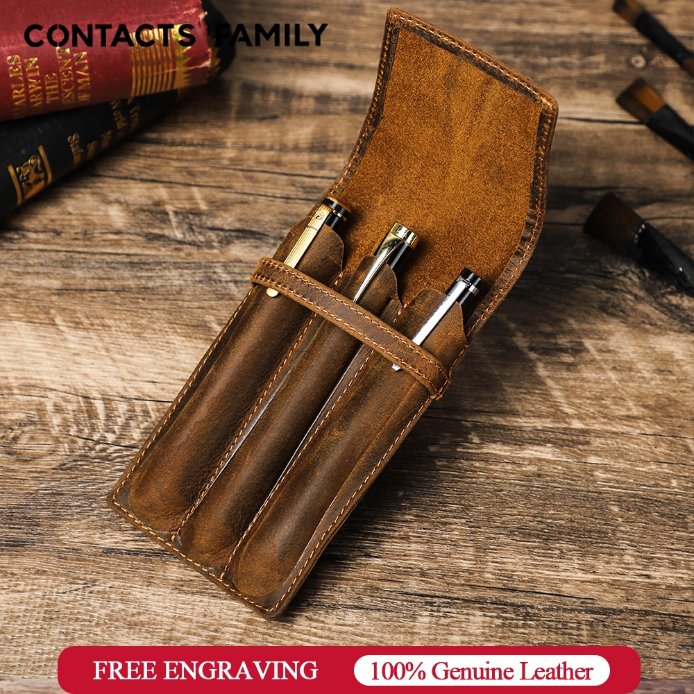 Genuine Leather 3-Slot Pen Holder Case – Luxury Fountain Pen Sleeve Organizer – Coffee Brown