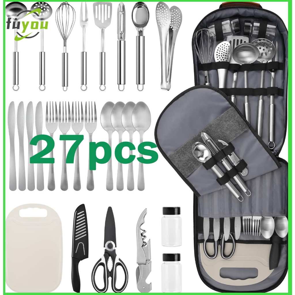Portable Camping Kitchen Utensil Set27 Piece Cookware Kit, Stainless