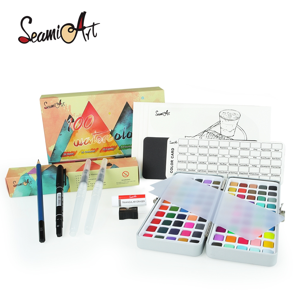 SeamiArt 100color Solid Watercolor Gift Set With Paint Brush Coloring