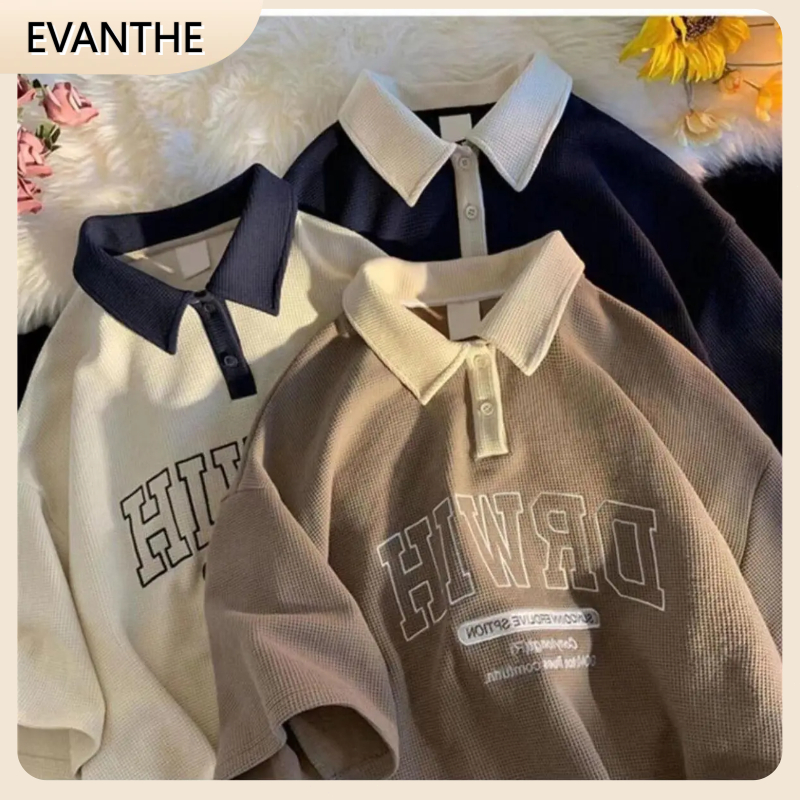 EVANTHE Waffle Polo Shirt For Men Casual Loose Summer Polo Collar ...
