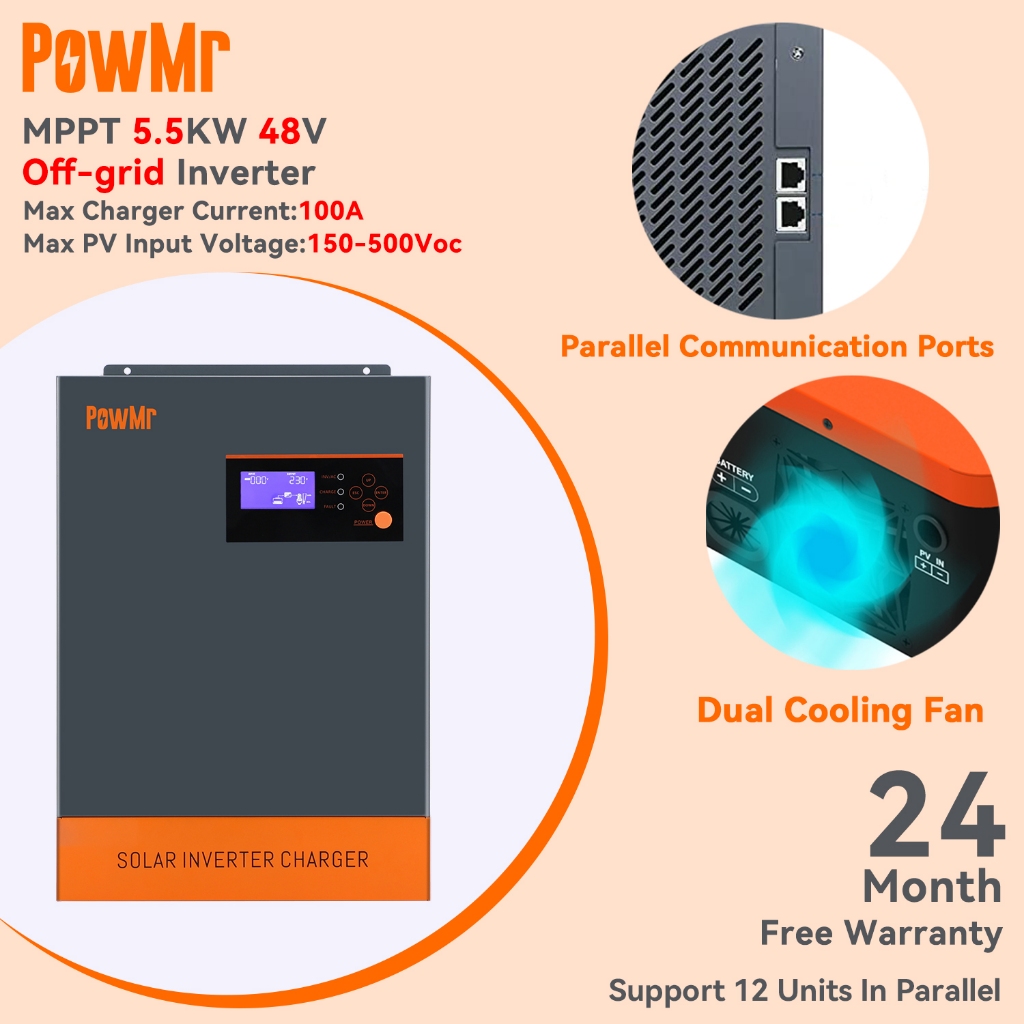 PowMr MPPT 5.5KW Pure Sine Wave Solar Hybrid Inverter Built-In 100A ...