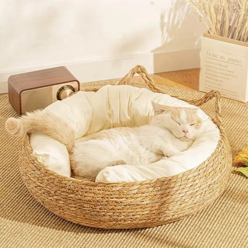 Four Seasons Cat Bed Pure Manual Rattan Woven Cat Bed Woven Removable Upholstery Sleeping House