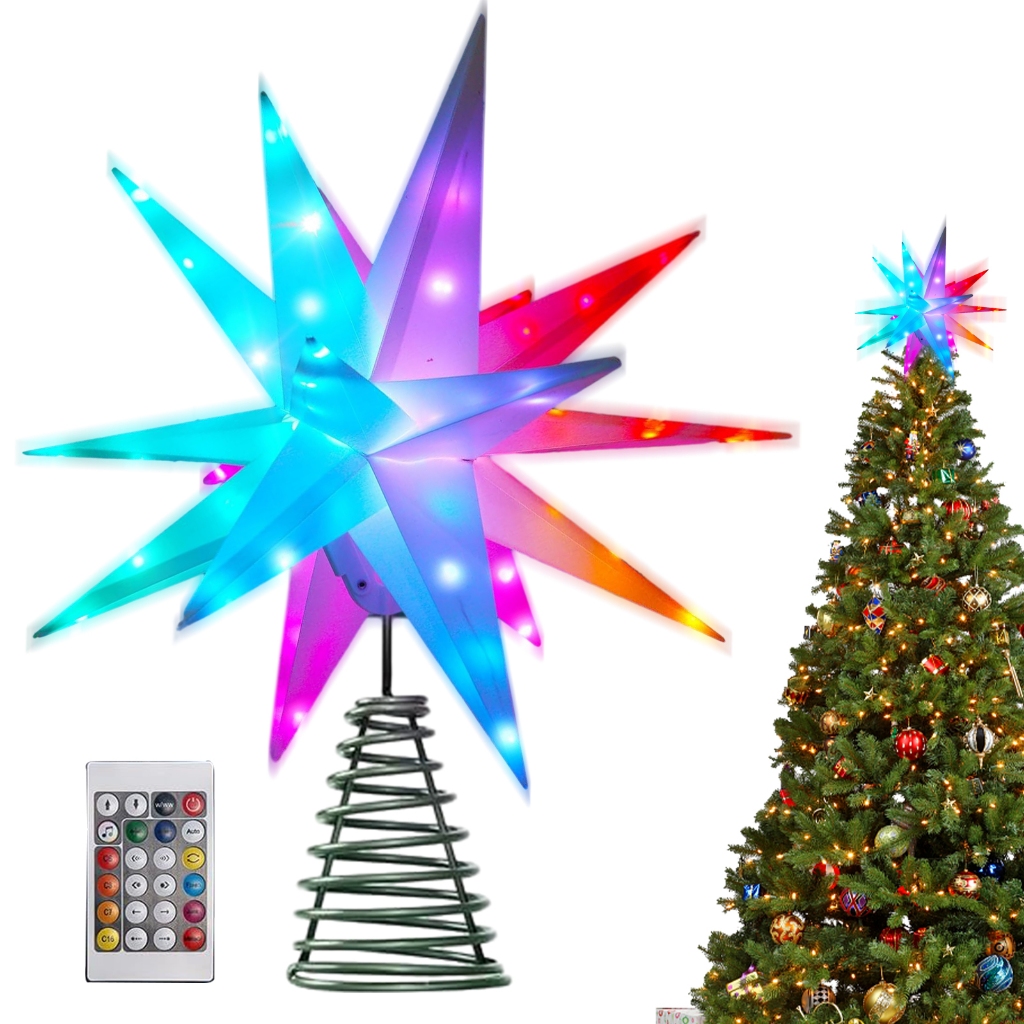 Lighted Star Christmas Tree Topper, 3D Star Treetop Color Changing With
