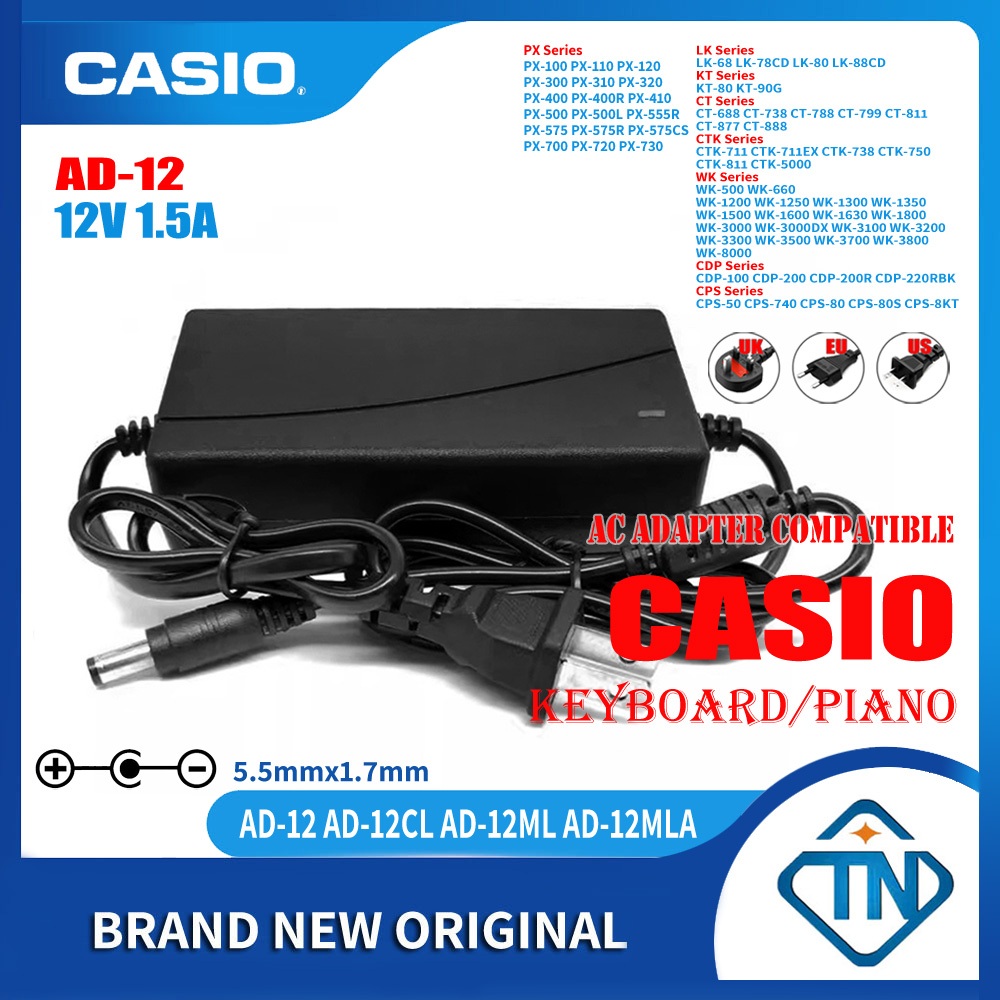 12V 1.5A AD 12 AD 12CL AC DC Adapter for Casio CPS 7 CPS 50 CPS 8KT CPS 700 CPS 720 CPS 740 WK 3700 Keyboard Electronic Piano Power Supply