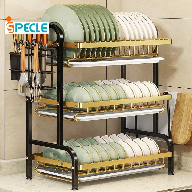iSPECLE 2/3-Tier Dish Drainer Stainless Steel Dish Drying Rack Countertop  Plate Kitchen Organizer Storage Shelf Kitchen Rack