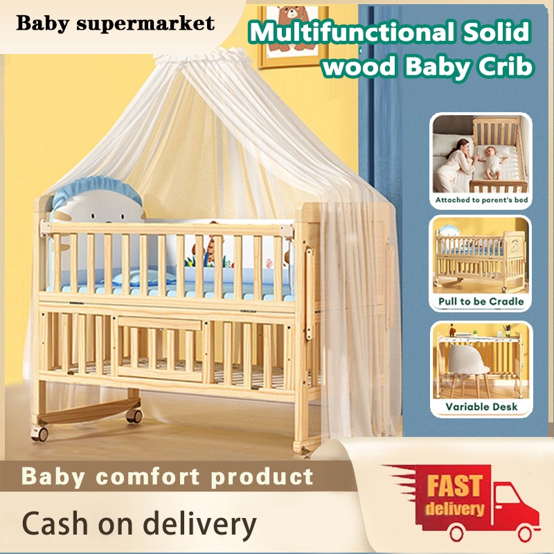 Multifunction Cradle Bed Wood Crib Solid Wood Crib For Baby With Mosquito Mattress 3in1 Baby
