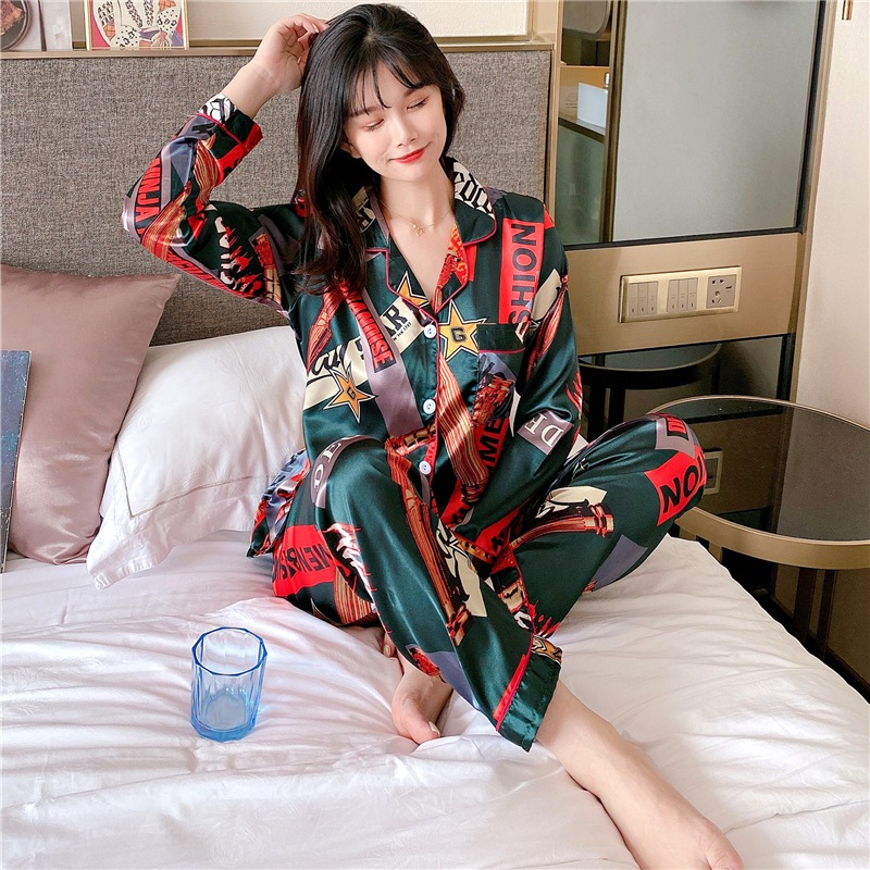 Fashion Women Silk Pajamas Women Long Sleeve Sexy Two Piece Suit Satin  Sleepwear Nightwear