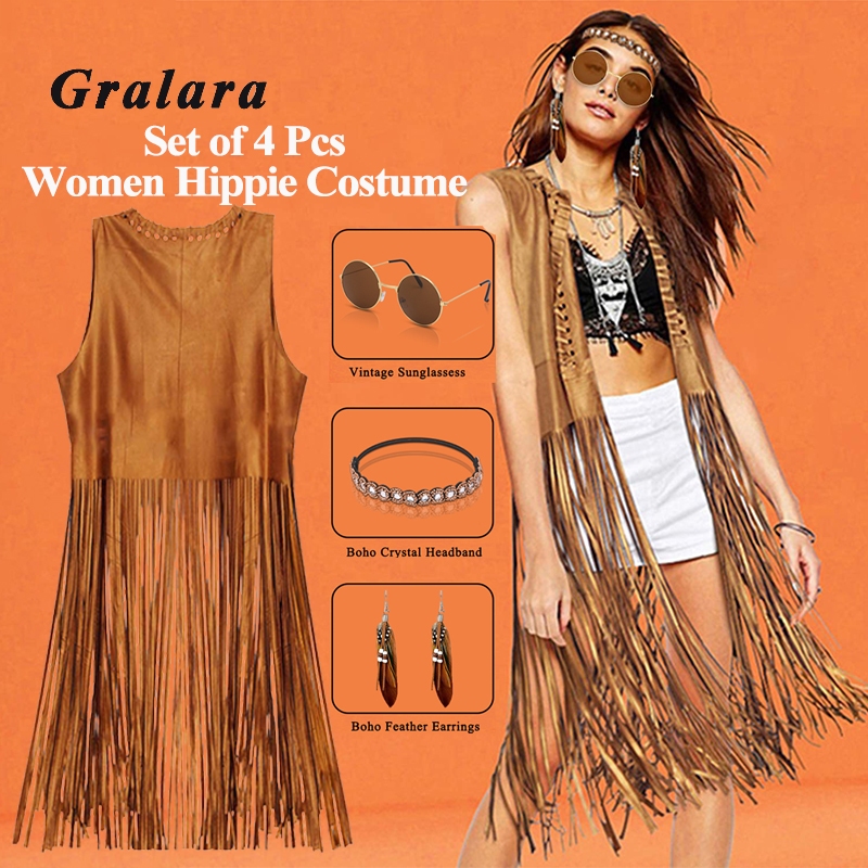 Gralara] Hippie Costumes Clothes for Women Girls Tassel Cardigan Boho Disco  Outfits 60S 70S Costume for Music Festivals Everyday Wear Summer Carnival