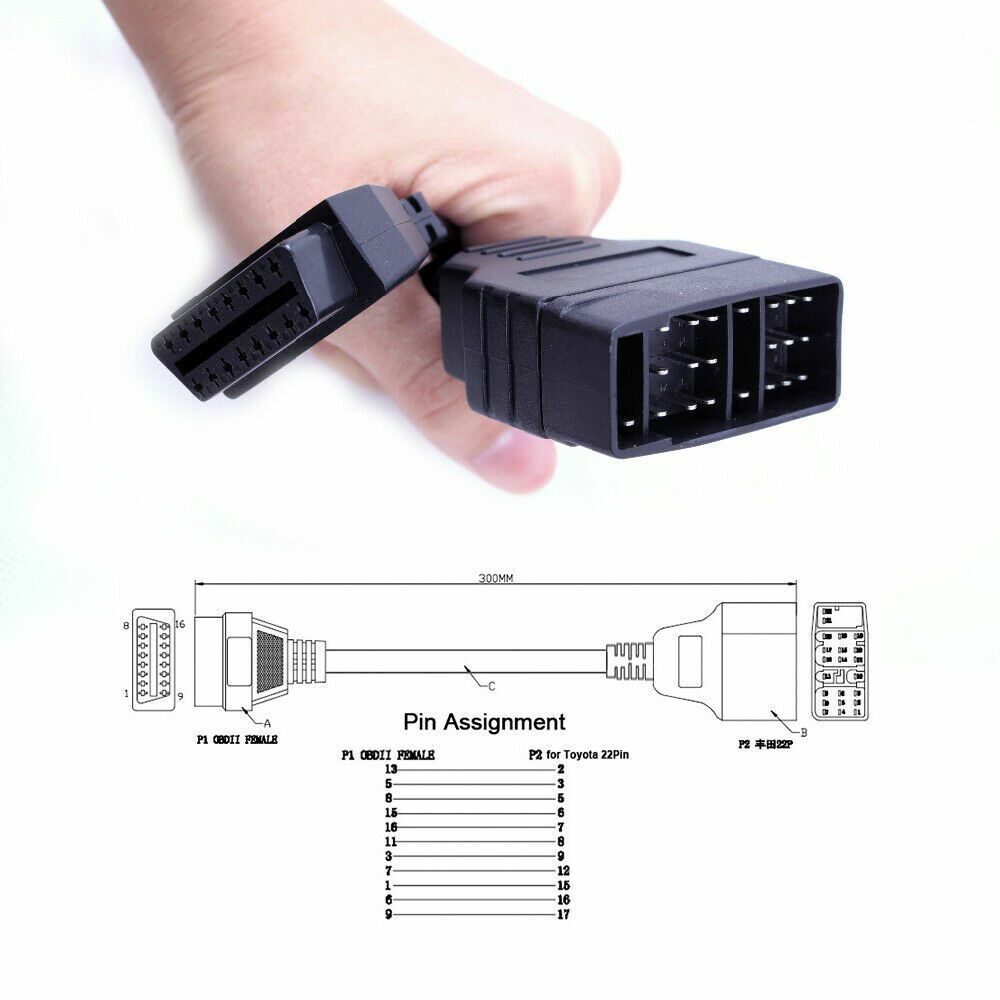 22Pin OBD1 to 16Pin OBD2 Convertor Adapter Cable for Toyota Diagnostic ...