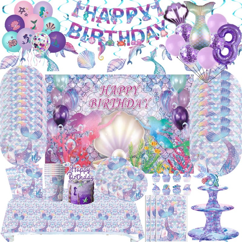 Little Mermaid Party Supplies Mermaid Disposable Tableware Cup Plates