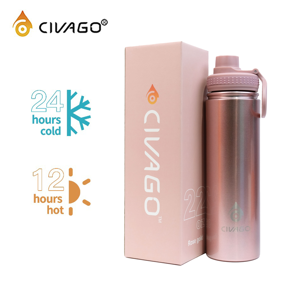 CIVAGO 22oz Rose gold Wide Mouth with Spout Lid Vacuum Insulated