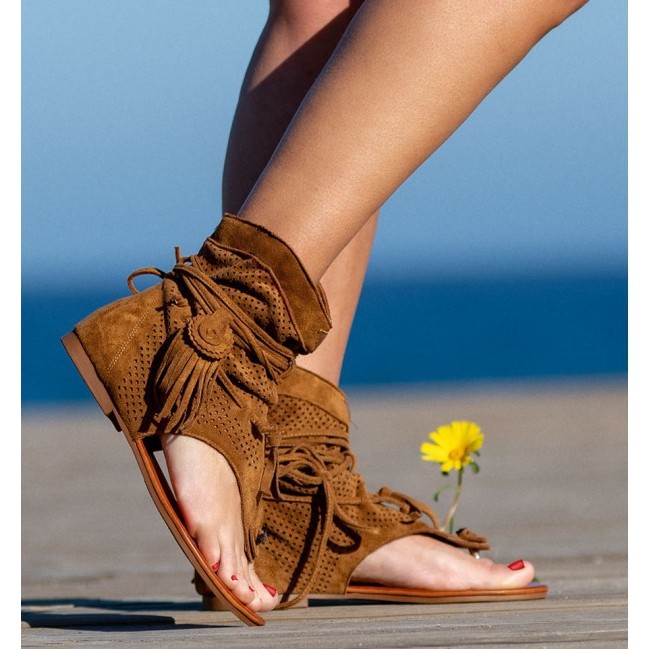 → Ready Stock Large Size Sandals Women Retro Flat-Soled Tassel Hollow ...