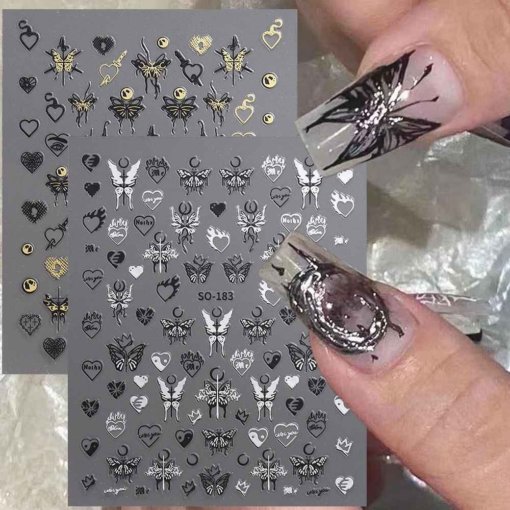 Black Silver Butterfly Nail Stickers Chrome Hearts Nail Decals Y2K