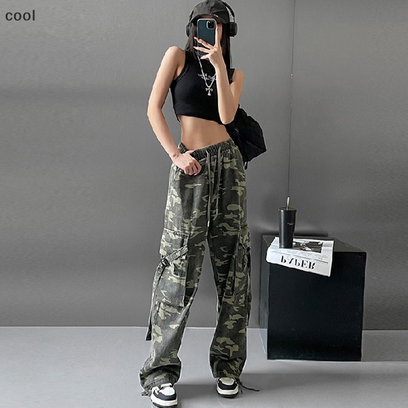 TINA Women Casual Camouflage Cargo Pants Y2k Mid Waist Wide Leg Pockets ...