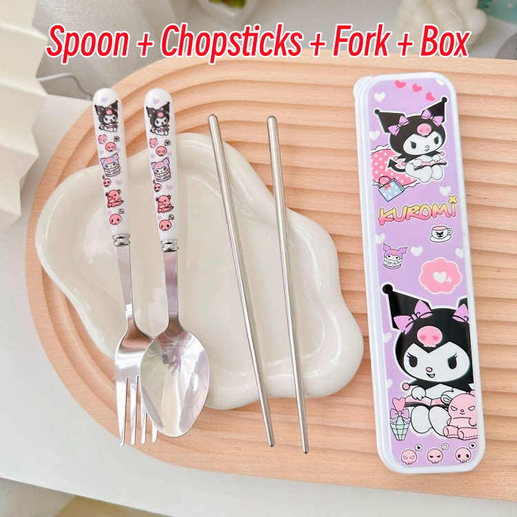 Sanrio Cartoon Tableware Kuromi Spoon Fork Student Portable Stainless ...