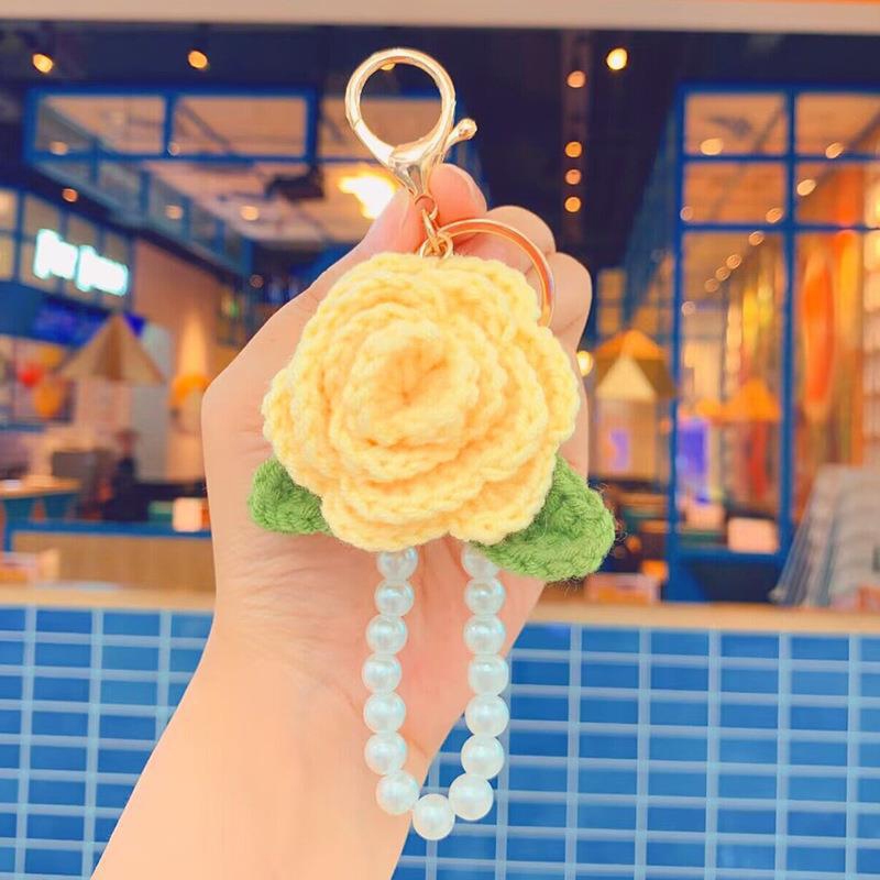 New Elegant Crochet Rose Camellia Flowers Keyrings Imitation Pearls Chain Fashion Knitted Keychain for Women Gifts Shopee Philippines