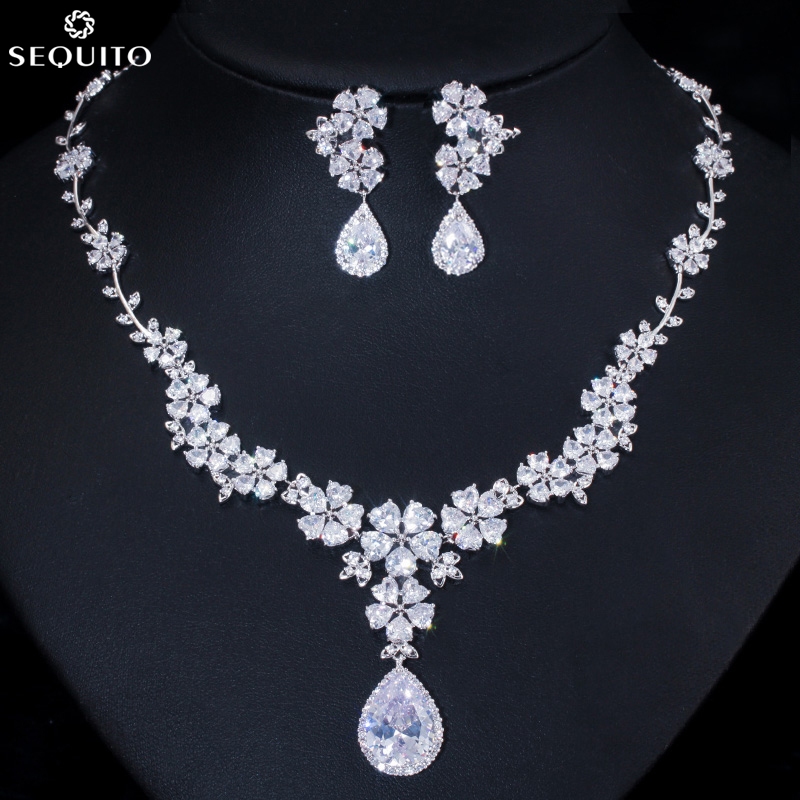 SEQUITO Brand Gorgeous Flower Necklace Earrings Cubic Zirconia for ...