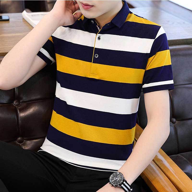 Summer Men Loose Thin Striped Polo Shirt New Anti Wrinkle Mens Polo