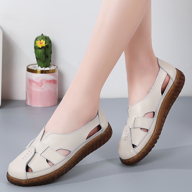 Leather soft-soled mom sandals Baotou flat hollowed out crocs ...