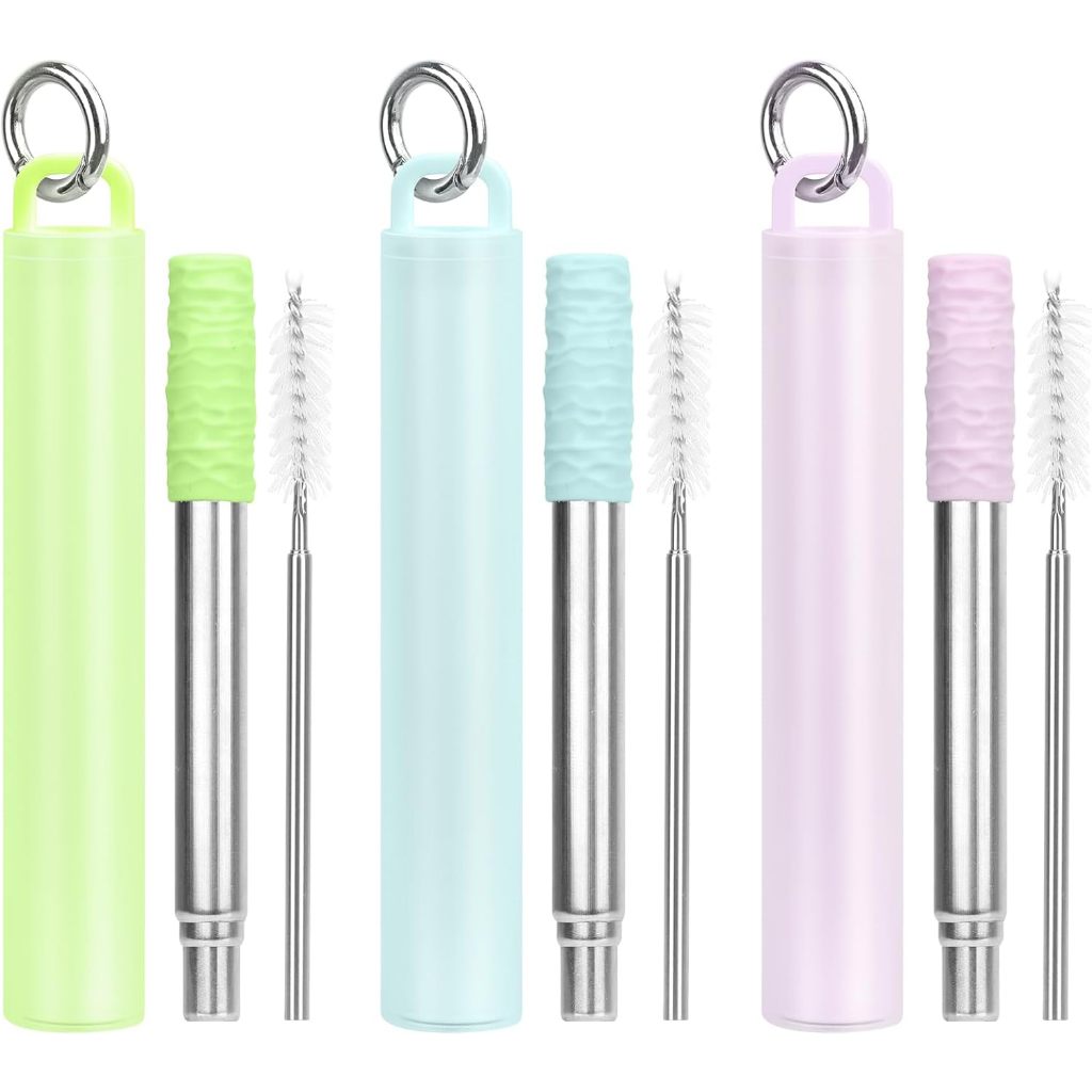 2 X His And Hers Collapsible Straw With Travel Case (Stainless Steel) | Pink And Blue Foldable - View #12