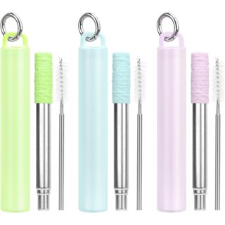 Reusable Drinking Straw Stainless Steel Collapsible Drinking Straw  Three-section Portable with Aluminum Keychain Cleaning Brush