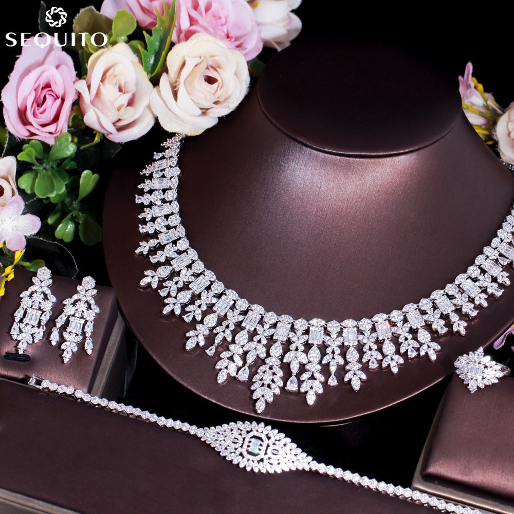 SEQUITO Exquisite Women 4Pcs Wedding Jewelry Set Zirconia Crystal ...