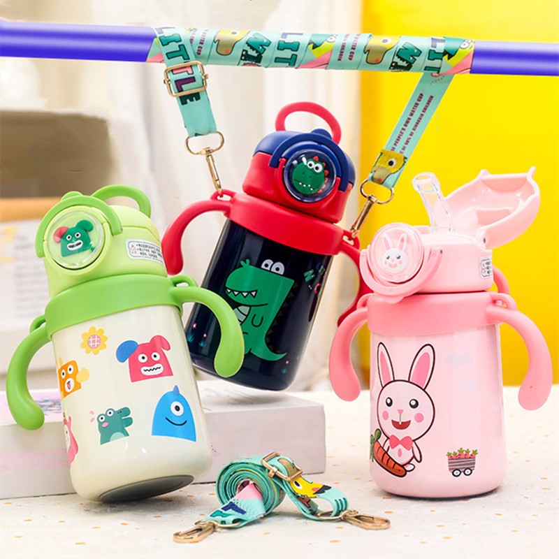 400ml Kids Thermal Flask With Straw And Strap Double Stainless Steel  Leak-Proof Cartoon Cute Thermal Water Bottle Tumbler
