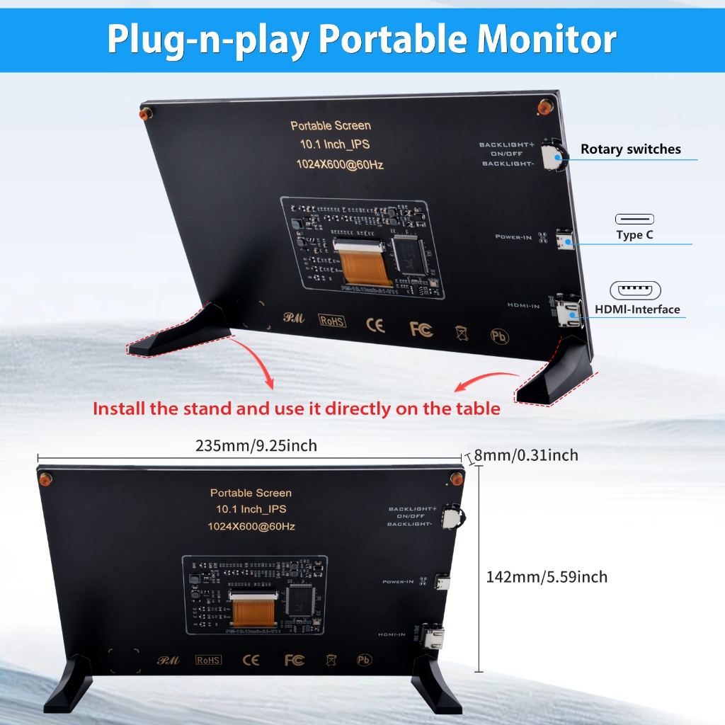 52Pi 10.1 Inch LCD Screen for Raspberry Pi, 1024x600 IPS LCD Display ...
