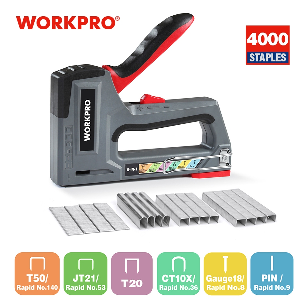 Workpro 6In1 Stapler Heavy Duty Staple Gun Manual Nail Free 4000pc