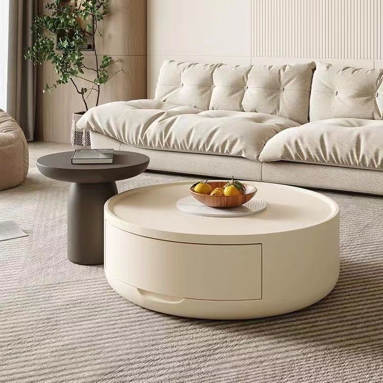 Cream Style Coffee Table Small Apartment Simple Modern Round Solid Wood ...