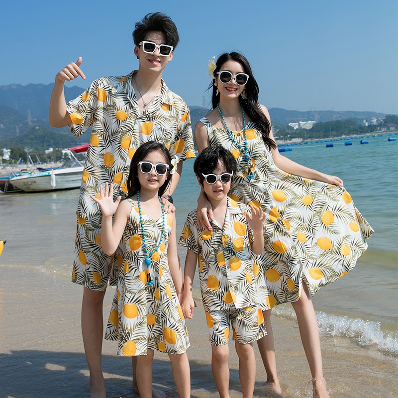 Floral Beach Set Wear Men Boy Shirt Short Pants Women Dress