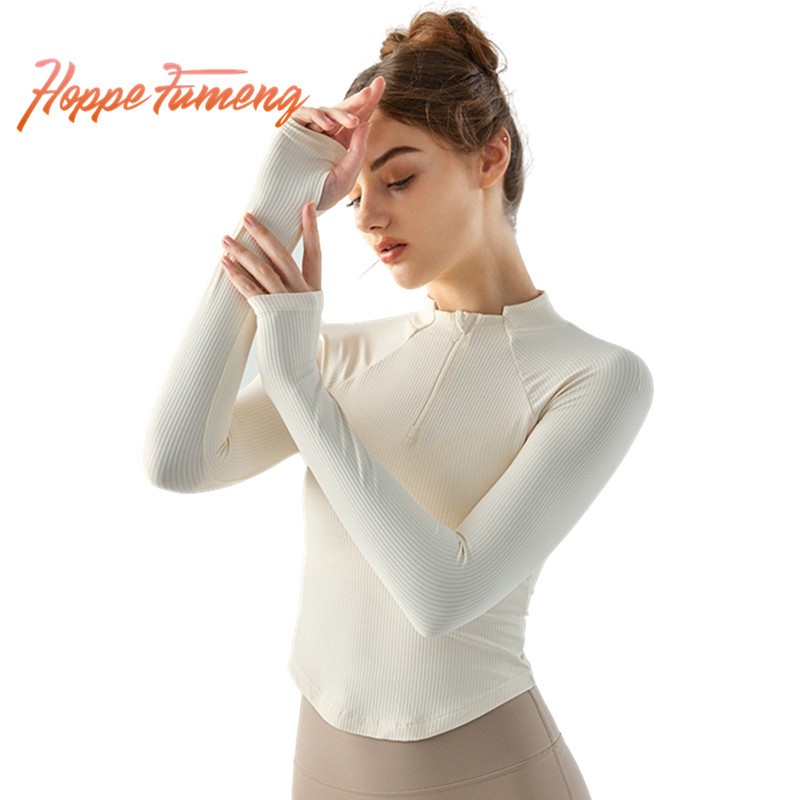 Hoppe Fumeng ribbed long sleeve slimming tops with 1/3 half zipper ...
