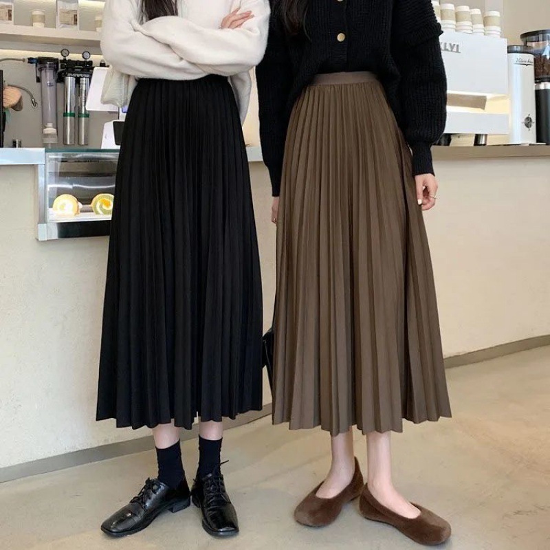 Ecokauer Retro A-line Long Skirt High Waist Slim Pleated Skirt For ...