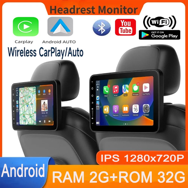 10.1" Car Headrest Monitor With Touch Screen - Wireless CarPlay, Android Auto, USB Playback For Back Seat