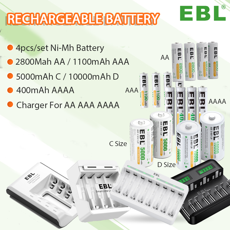 EBL 4pcs AA AAA AAAA C D Size NiMH 2A 3A bateri Batteries 1100Ah